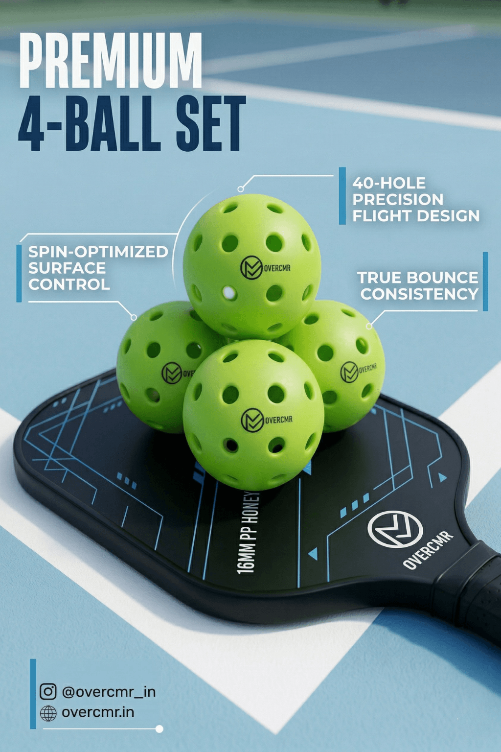 Fibreglass Pickleball Paddle Set for Beginners | 2 Paddles + 4 Balls | Overcmr India - Image 4